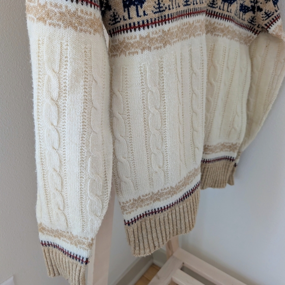 Vintage Reindeer Geometric Chunky Cable Knit Wool Sweater In Cream/Navy - Picture 5 of 6
